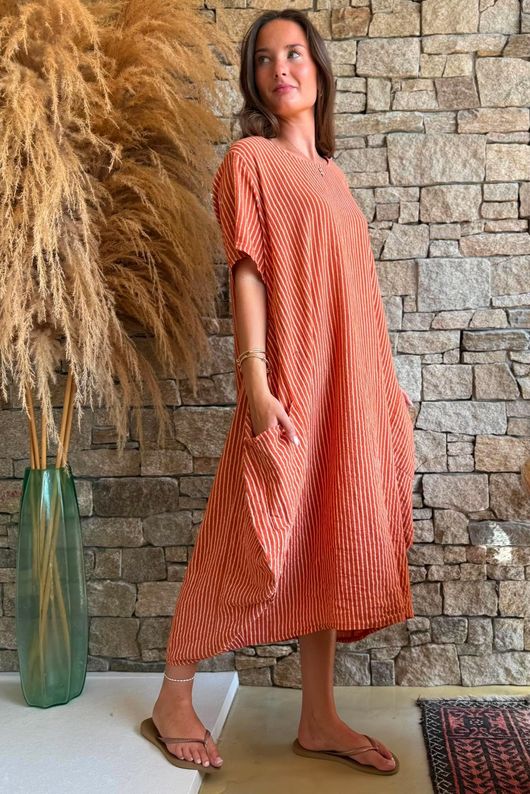 Salcombe Chalk Stripe Cotton Cocoon Dress Rust
